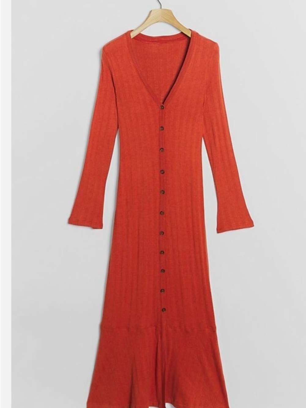 Anthropologie Elsa Ribbed Maxi v-neck button front Dress new Size M dark orange